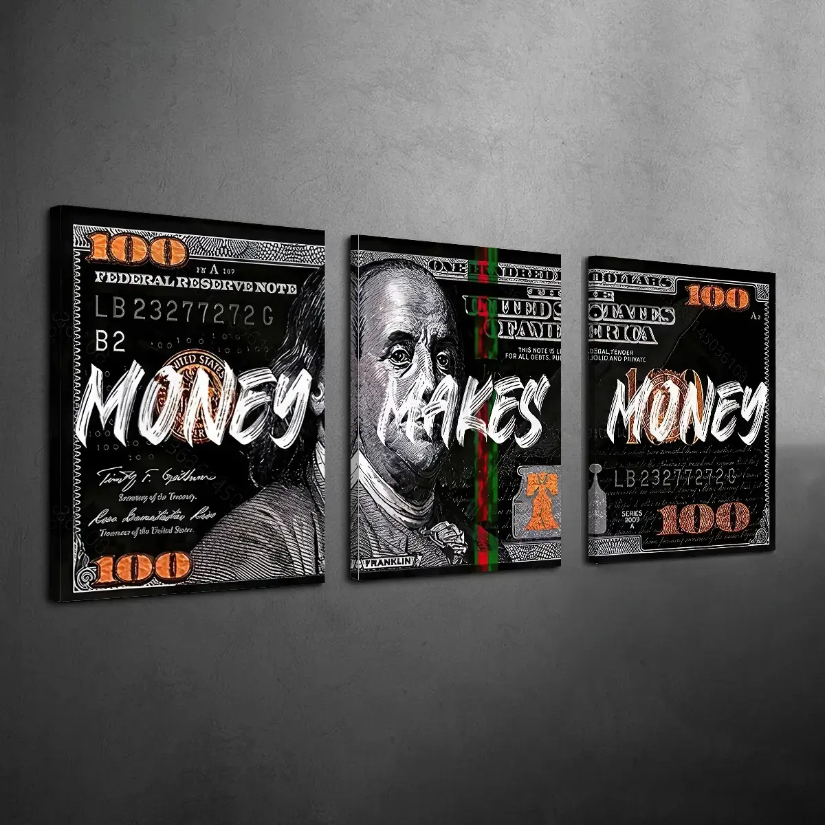 3 PCS Pre-Framed Money-Themed Canvas Prints, Gift-Ready Trio, Inspirational Dollar Pop Art Home Decor, Waterproof HD Fade-Resistant Hangable Posters, Housewarming Gift for Living Room, Bedroom, Office