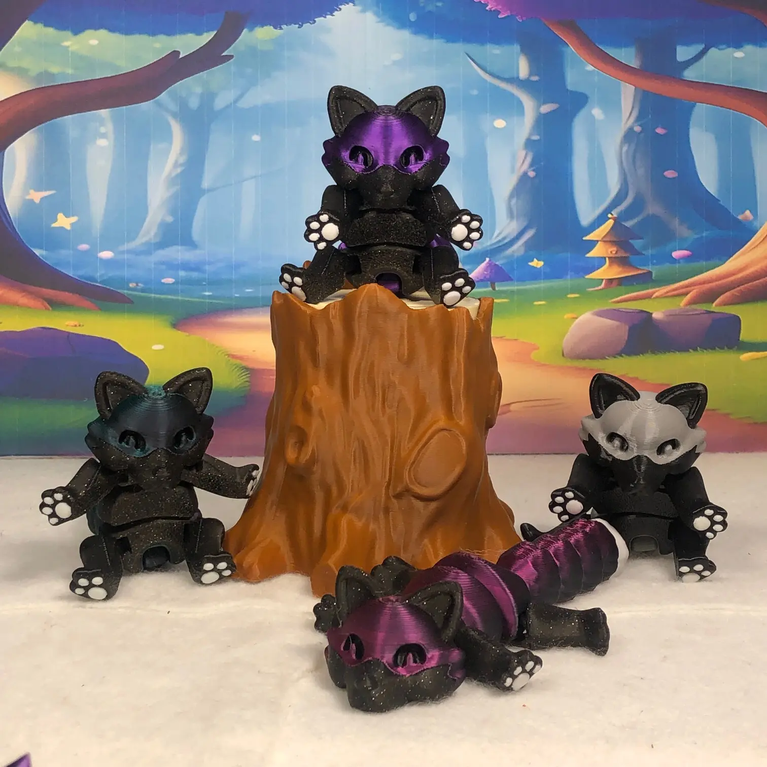 Articulated Multi Color Fox with Tree Stump 3D Printed Stress Relief Fidget Toy, Multi Color Fox Toys-FOX006