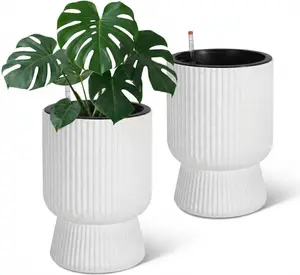 14.2" Tall Planters Set of 2, Self Watering Large Planter for Outdoor & Indoor Plants with Water Level Indicator, Modern Flower Pots with Hidden Storage Tank for Patio, Porch, Balcony