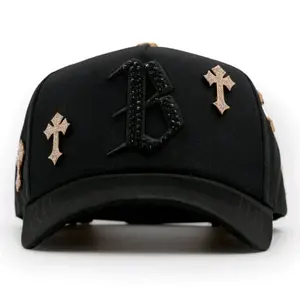 2026 Barbas Hats "B Chrome" Premium Streetwear Snapback – Black Adjustable Unisex Hat for Men & Women Featuring Rhinestone Letter Embroidery and Metallic Cross Accents Inspired by Modern Street Fashion