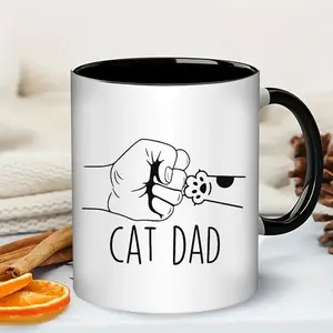 11oz Cat Dad Mug - Funny Cat Paw & "CAT DAD" Fist Bump Design Ceramic Coffee Cup with Black Interior & Handle, Dishwasher & Microwave Safe Gift for Cat Lovers, Fathers Day, Birthdays, Christmas - Novelty Tea/Cocoa Cup for Men & Women,