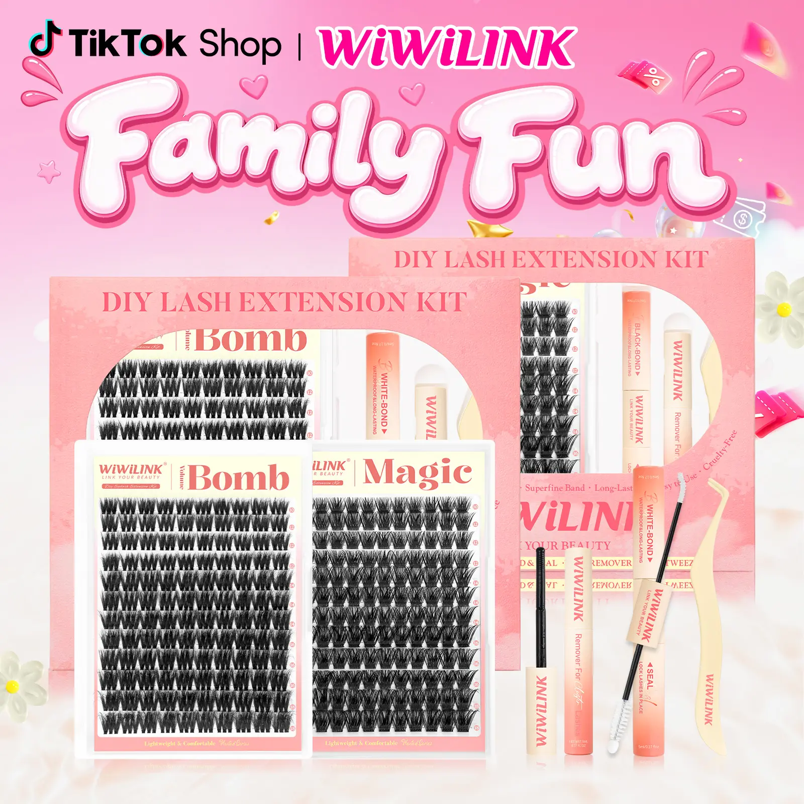 WiWiLINK Nature Lengthening Volume Bomb 3D Universal Eyelash Kit - C/D Curl Lash Cluster Set, 10-18mm DIY Lash Extensions with Ultra-Thin Transparent Bands, Bond, Seal & Remover