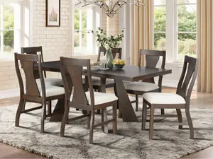 40-4124-7PC 7 pc Chestnut ridge dark brown finish wood 72" dining table set fabric upholstered seats trestle base