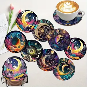 8PCS Mystical Moon Diamond Art Coasters Diamond Art Coasters Kits with Holder Mystical Moon DIY Coasters for Beginners, Adults, Diamond Art Crafts Supplies Car Interior Accessories