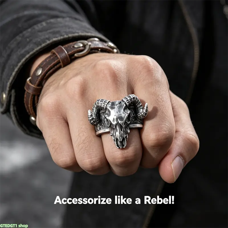 Vintage Metal Band Ring - Gothic Ram Skull Statement Charm, Distressed Oxidized Aries Goat Head Open Adjustable, Anti-Tarnish Heavy Texture Male Accessory for Biker Punk Concert, Casual Outfits, Fits Various Finger Sizes