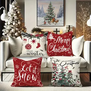 Christmas Pillow Covers Cushion Slipcovers Set of 4, Classic Christmas Tree Snowflake Bell Print, Gold Design, Polyester Material