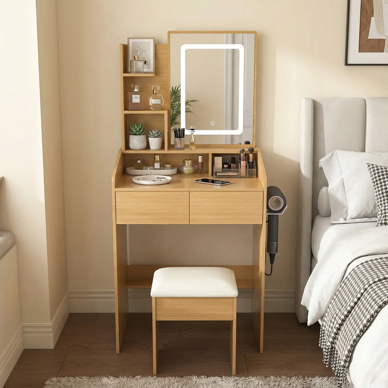 Lighted Vanity Table with Chair - Compact Modern Wooden Makeup Vanity, LED-Illuminated Mirror, Power Outlet, Hairdryer Holder for Small Bedrooms, Vanity With Chair