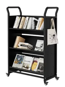 Garvee 3-Tier Metal Rolling Book Cart, 4 Lockable Wheels & Side Hooks, V-Shaped Heavy Duty Library Cart, 360 Lb Capacity, Bookshelf Organizer for Home, Office, School, Study, Black, 32"x14"x49"