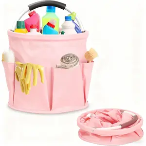 17L Foldable Cleaning Caddy with Handle, Cleaning Supplies Organizer Bucket, Portable Cleaning Product Storage Organizer for Home Garden, Light Pink