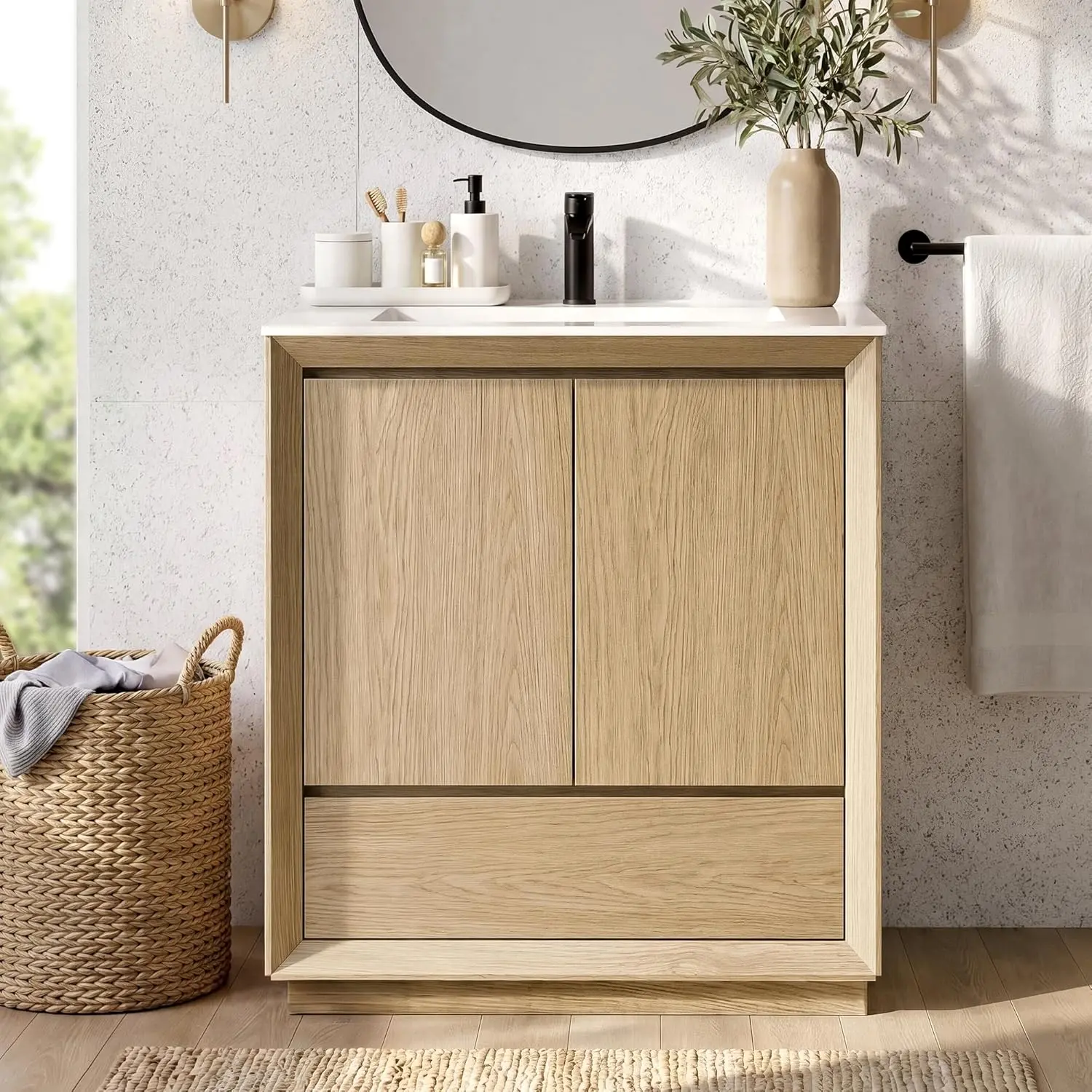 ModernMate 30" Freestanding Wood Bathroom Vanity with Rectangular Upgraded SMC Basin - Soft-Close Doors, Drawer Organization, Grounded Quiet Built-In Storage Floor Cabinets (11.4"d x 31.5"w x 72.4"h, Character Design, Arlo)