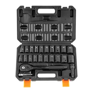 1/2-Inch Drive Impact Socket Set, 23-Piece SAE And Metric, 6-Point Cr-V Alloy Steel Sockets For Auto Repair With Ratchet Handle, Rugged Construction, Storage Case, Magnetic Tray, Quick-Release Design
