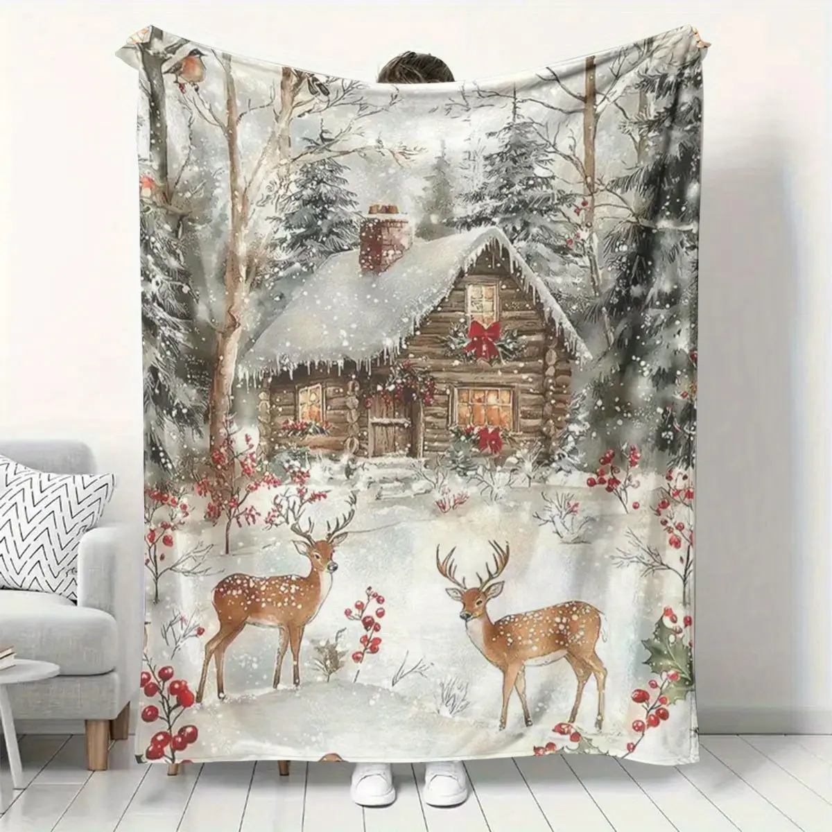 Winter Cabin Deer Christmas Fleece Throw Blanket Vintage Watercolor Snowy Forest Cabin With Reindeer Holly Berry Printed Blanket Farmhouse Style Holiday Home Decor Christmas Gift For Family Friends