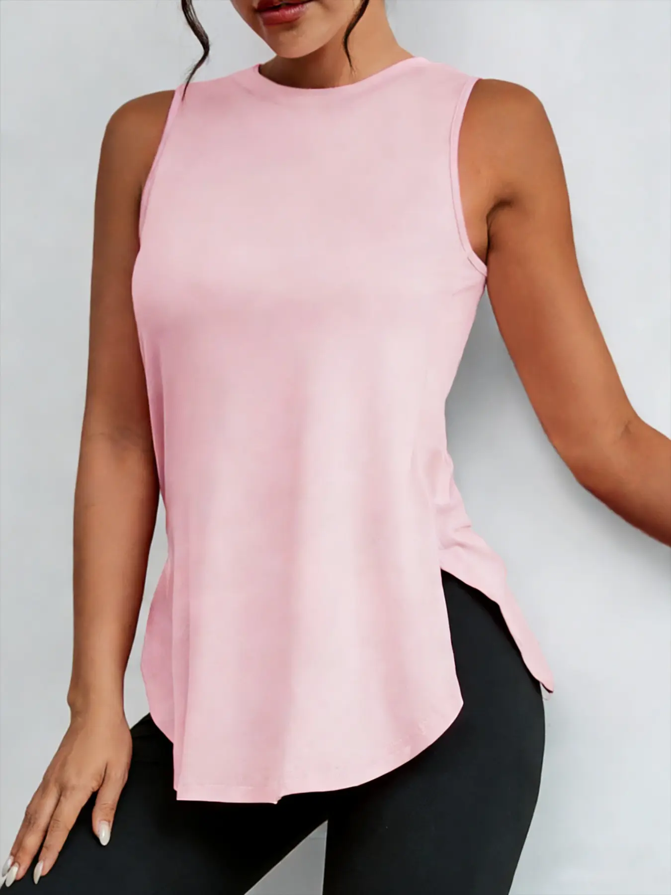Women's Summer Casual Minimalist Fitted Asymmetrical Side Slit Round Neck Pure Color Elastic Fit Sports Versatile Sleeveless Vest Top Casual Sleeveless Tops Womenswear