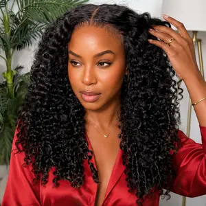 CGRY Hair V Part Wig Human Hair Burmese Curly Upgrade U Part Human Hair Wig With Adjustable Drawstring 100% Raw Indian Glueless V Shape Clip In Half Wig For Women Natural Color Beginner Friendly
