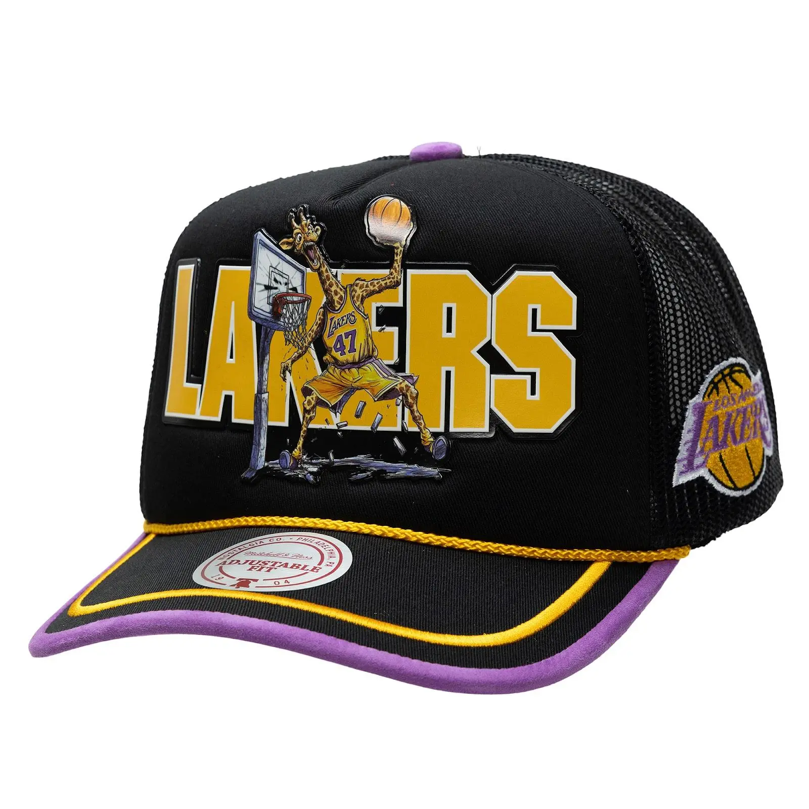 Los Angeles Lakers M&N x LRG Black Hardwood Classics Wild Art Trucker Adjustable Hat NBA Throwback Cap Fan Gear Mitchell & Ness