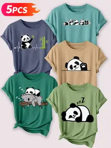 Women's 5-Pack Crew Neck T-Shirts, Panda Themed Print (Heartbeat Panda, Peeking Panda, Panda & Koala, Sleeping Panda), Multiple Colors Available, Machine Washable, Spring & Summer Top, Soft Skin-Friendly Fabric, Daily Versatile, Casual Fashion Design