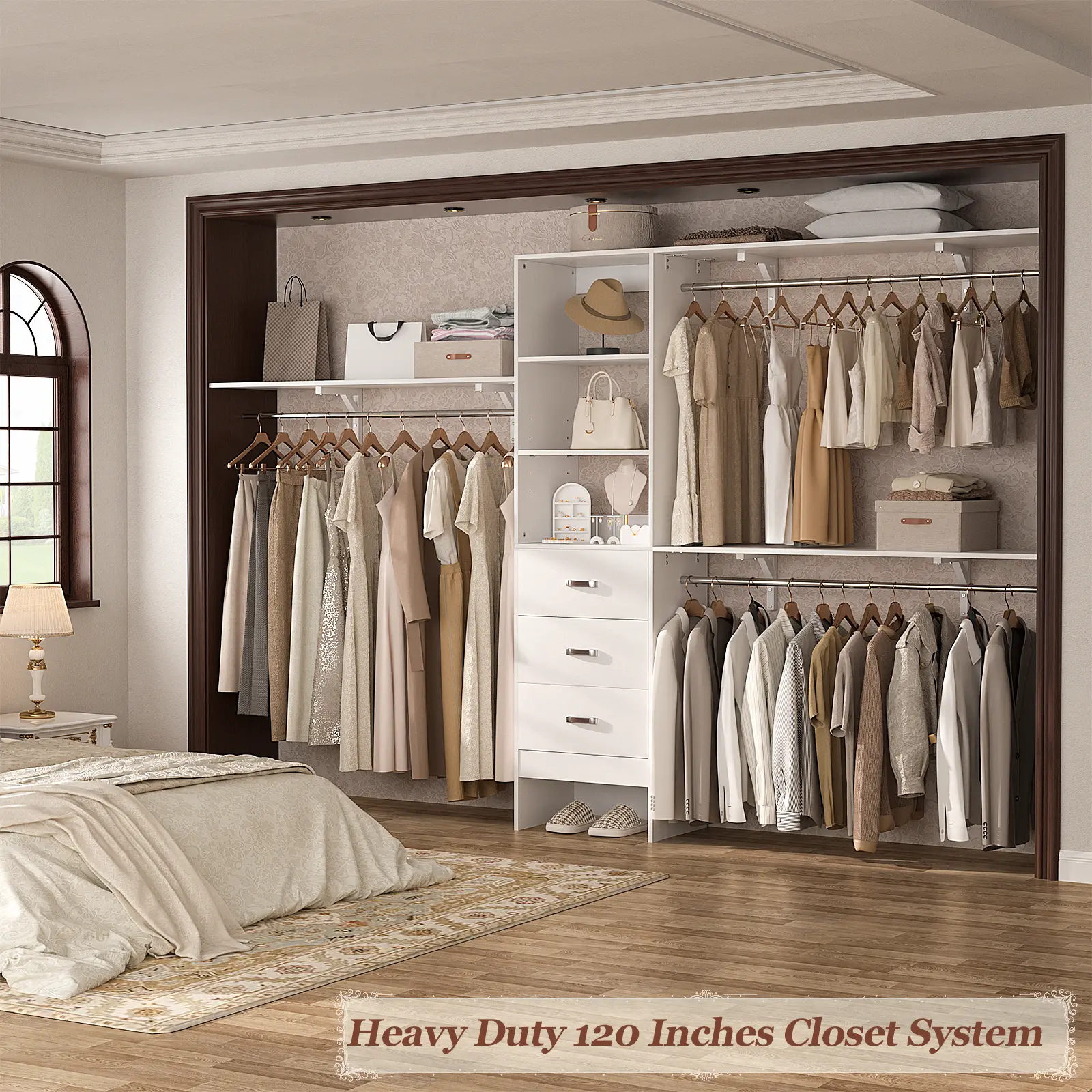 120 Inches Closet System - 10FT Walk In Closet Organizer with 3 Shelving Towers, Heavy Duty Clothes Rack with 3 Drawers, Built-In Garment Rack, 120" L x 16" W x 75" H, Max Load 1300 LBS