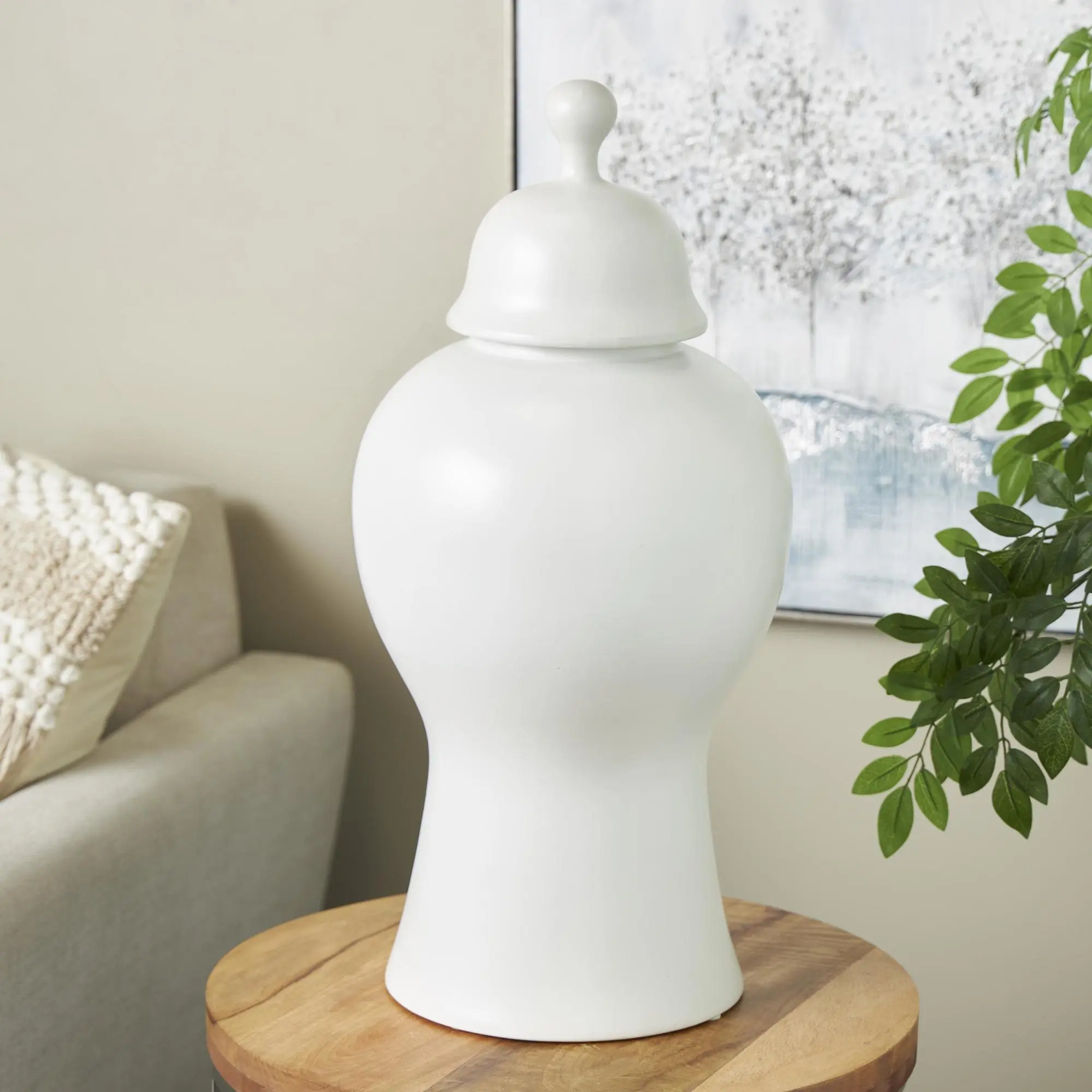Ceramic Rounded Hourglass Canister with Lid and Ball Knob - Durable Decorative, Modern Indoor Only Storage Jar, 12x12x25in Home Organizer, 12.10L Non-Food Safe Container for Living Room, Bedroom