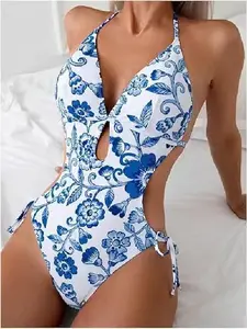 Summer Women's Blue Floral Print Halterneck One-Piece Swimsuit with Keyhole Cutout Design, Side Ties for Waist Definition, High-Leg Slit Monokini - Perfect for Beach Vacations, Pool Parties, and Cruise Trips - SummerVibes