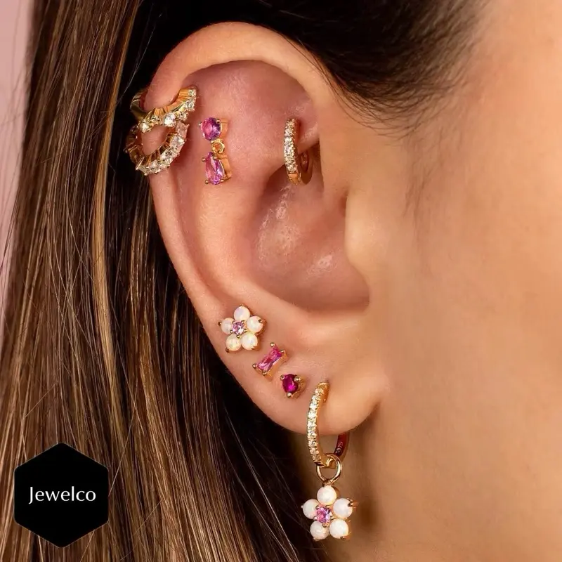 Luxury 8PCS Gold Plated CZ Flower Earrings Set | Minimalist Ear Stack | Stud, Hoop & Huggie Earrings for Women