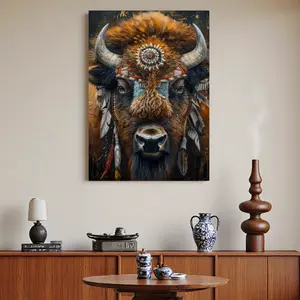 Framed Canvas 1pc Native American Buffalo Wall Art - Handmade Canvas  with Wooden Frame, Vibrant Feather & Bead Ornaments, 0.75" Thick Classic Home Decor for Living Room, Office, Bedroom - Thanksgiving & Holiday Gift, Boho Wall Decor, Tribal Artwork,