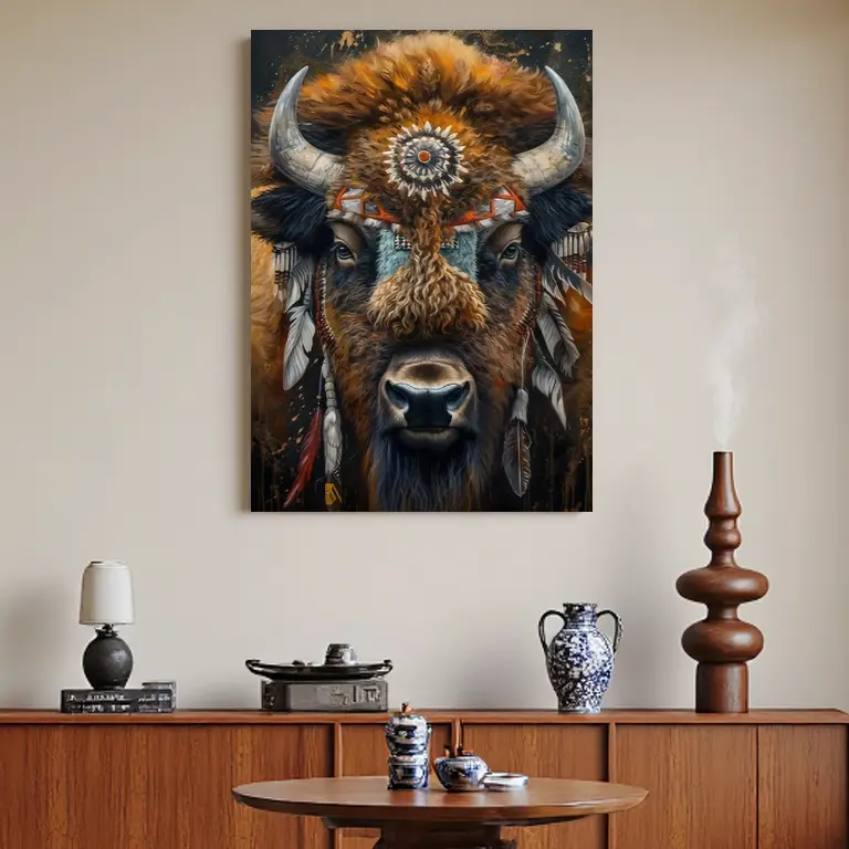 1pc Native American Buffalo Canvas Painting - 0.75in Thick Wooden Frame, Handmade with Vibrant Feather-Bead Ornaments, Glossy Paper Print, Multi-Size 16x24 Inches, Home Supplies Wall Decor for Living Room, Boho Tribal Gift