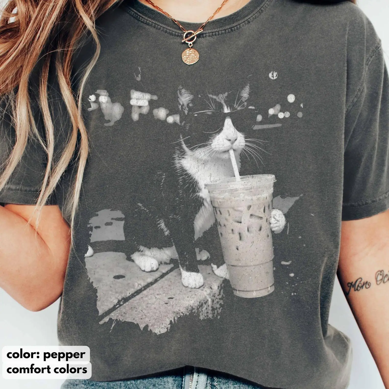 Comfort Colors Tuxedo Cat Shirt, Funny Cat Drinking Iced Coffee T-shirt, Vintage Cat Shirt, Cat Dad Unisex Tee, Tuxedo Cat Lover Shirt Gift Womenswear Top