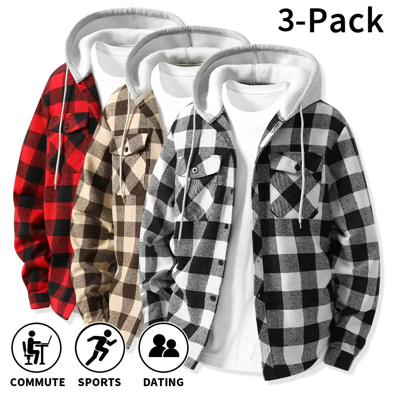 Men's Plaid Shackets, 3-Pack Casual Hooded Tops with Long Sleeves, Loose Fit Vintage Checked Menswear,clothes for back to school,first day of school outfits Men's Plaid Shackets, 3-Pack Casual Hooded Tops with Long Sleeves, Loose Fit Vintage Checked Menswear,clothes for back to school,first day of school outfits