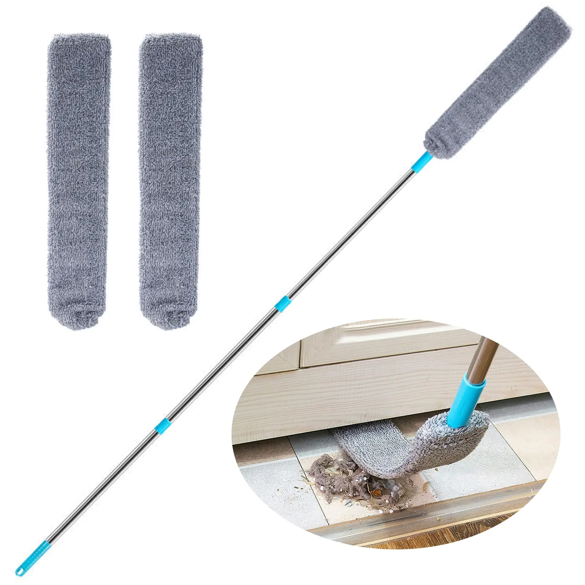 Microfiber Gap Duster with Stainless Steel Handle, Retractable Gap Dust Cleaner Stick Tool, Telescopic Duster Cleans Bed Bottom, Furniture Undersides and Ceiling Corners