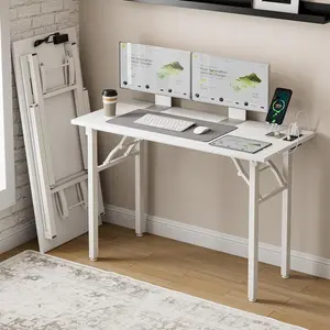 Frylr Small Folding Computer Desk – 43.3 Inch Portable Table for Craft and Study, Lightweight Desk for Small Spaces, Foldable Laptop Table Built-in AC/USB Outlets for Convenience, White
