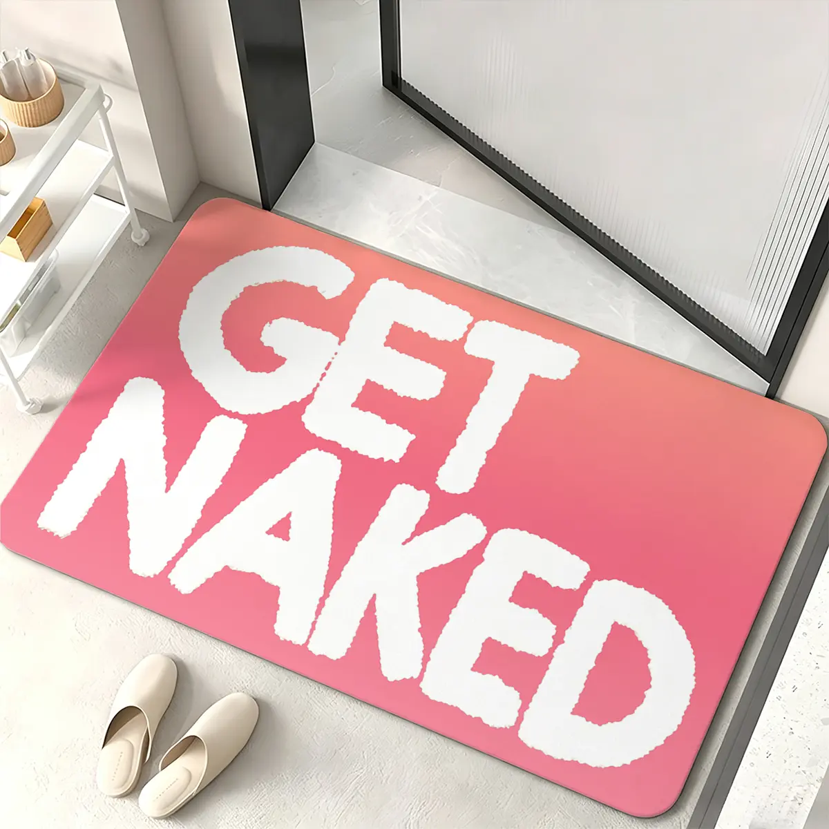 1pc Bold “GET NAKED” Text Doormat, Flannel Floor Mat for Bathroom Bedroom Entryway, Funny Home Decor Gift for Housewarming, Christmas & Holidays