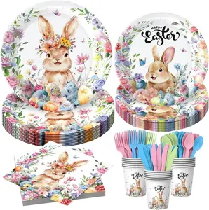 112 Pcs Easter Paper Plates Napkins Cups Disposable Colorful Bunny Plate and Napkin Cutlery Spring Themed Garden Tea Party Tableware Decoration Serves 16 JIEFULL