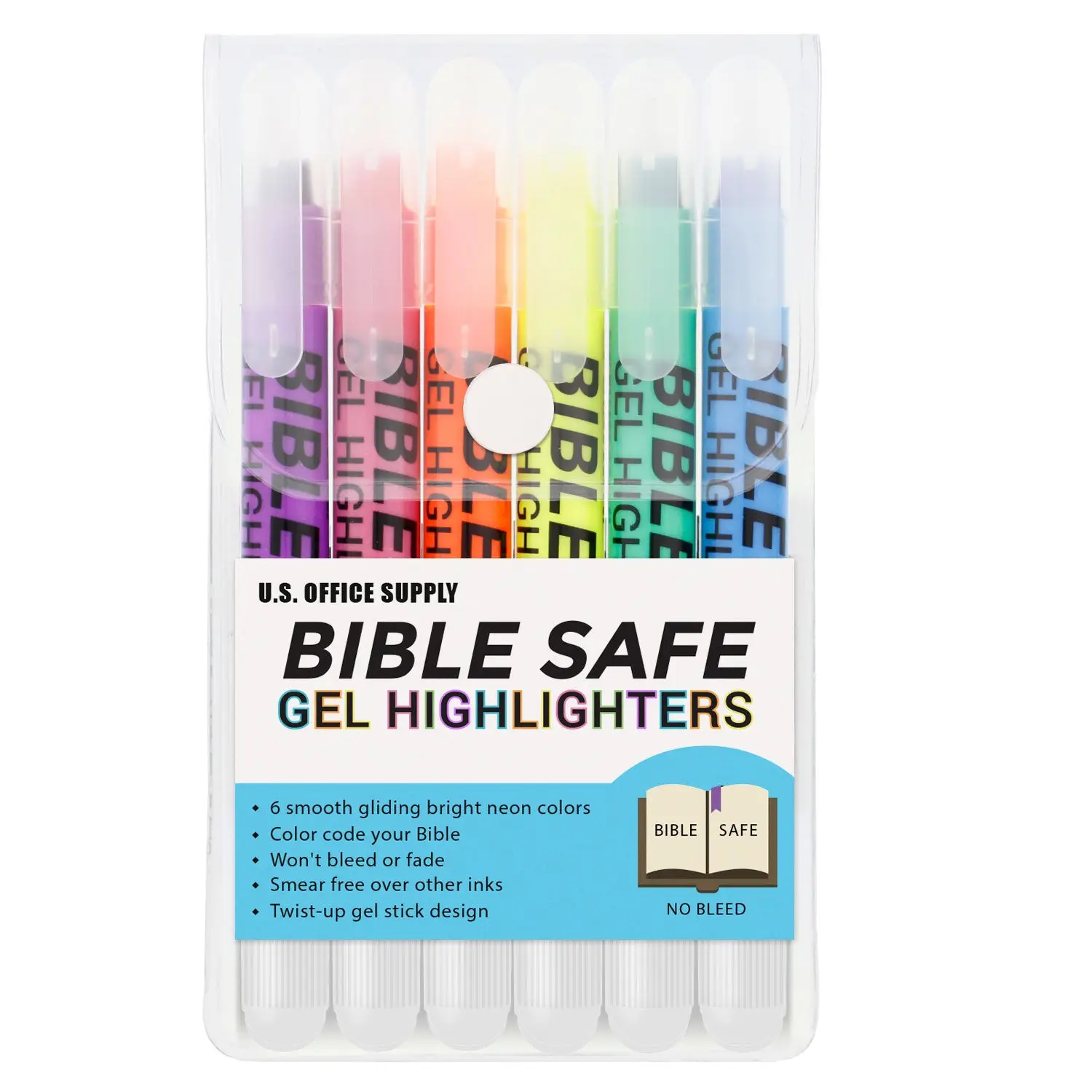 U.S. Office Supply Bible Safe Highlighter Set of 6 Bright Flouresent Colors, Dry Bible Highlighters No Bleed, Fade or Smear, Safe Gel Markers, Accesso