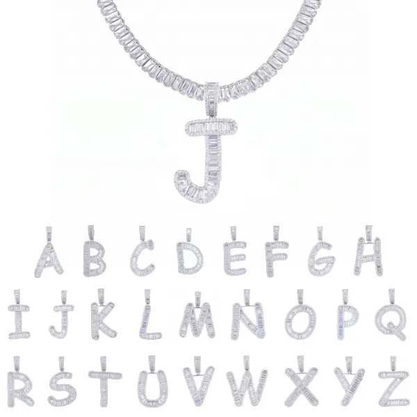Mens Womens Silver Plated Iced A - Z Initial Necklace Baguette Cut Tennis Chain