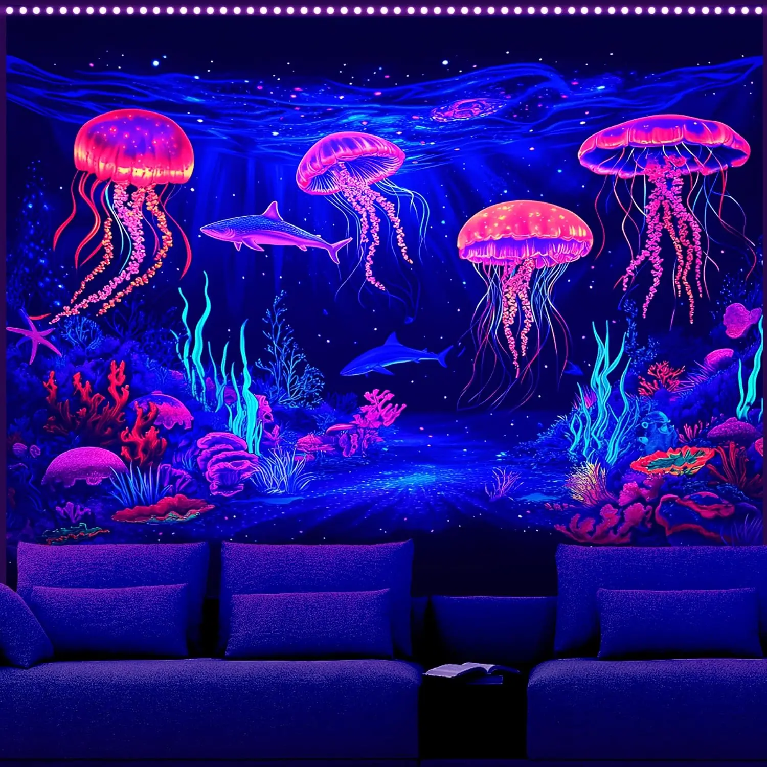 Reactive Blacklight Tapestry with Glowing Jellyfish, Whale & Dolphin Designs - Trippy Ocean Wall Hanging for Bedroom, Dorm and Living Room Decor 59L x 51W Glow In The Dark Decoration Items