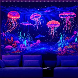 Reactive Blacklight Tapestry with Glowing Jellyfish, Whale & Dolphin Designs - Trippy Ocean Wall Hanging for Bedroom, Dorm and Living Room Decor 59L x 51W Glow In The Dark Decoration Items