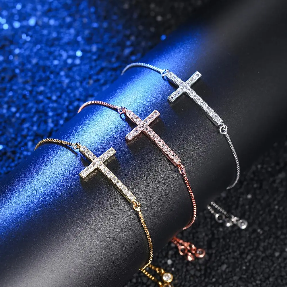Women's Sterling Silver Crucifix Charm Cross Lariat Bangle - 10.23in (26cm) Geometric Design, Sparkling Rhinestones, Adjustable Slider, Unisex Meaningful Gift for First Communion Religious Milestones, Baptism, Elegant, Crystal
