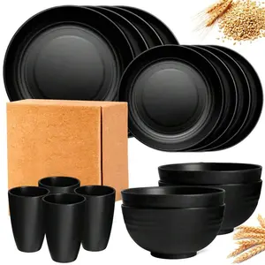 16-Piece Durable Wheat Straw Cutlery  Set -Microwave and Dishwasher Safe - Reusable Plates Bowls and Cups - Black for Family Gatheringsclear Tableware