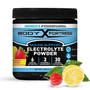 Body Fortress Electrolyte Powder Strawberry Lemonade - Candy Taste - 6 Essential Electrolytes - B Vitamins - Sugar Free - 30 Servings