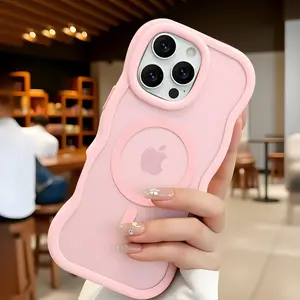 Magnetic iPhone Case MagSafe Compatible Cute Wavy Edge Translucent Matte Soft Silicone Bumper Shockproof Protective Cover for Women Girls