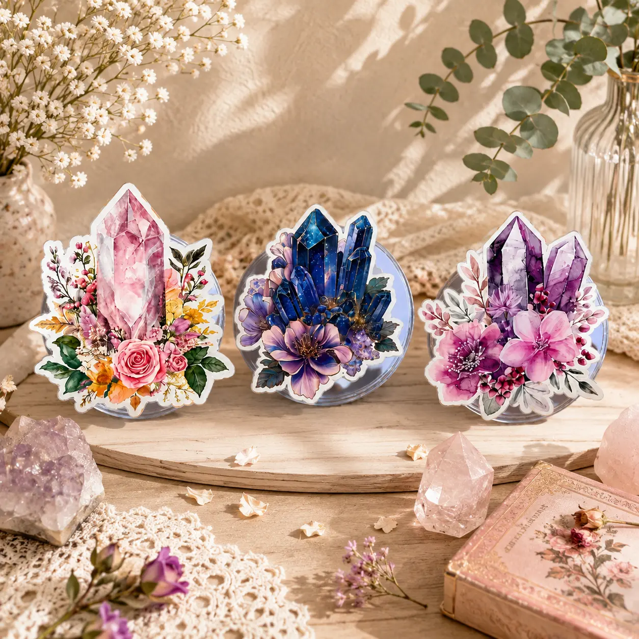 Crystal Flower Magnetic Phone Grip Set, Colorful Gemstone Floral Phone Holder, Boho Crystal Aesthetic MagSafe Grip, Kindle Stand, Gift for Her