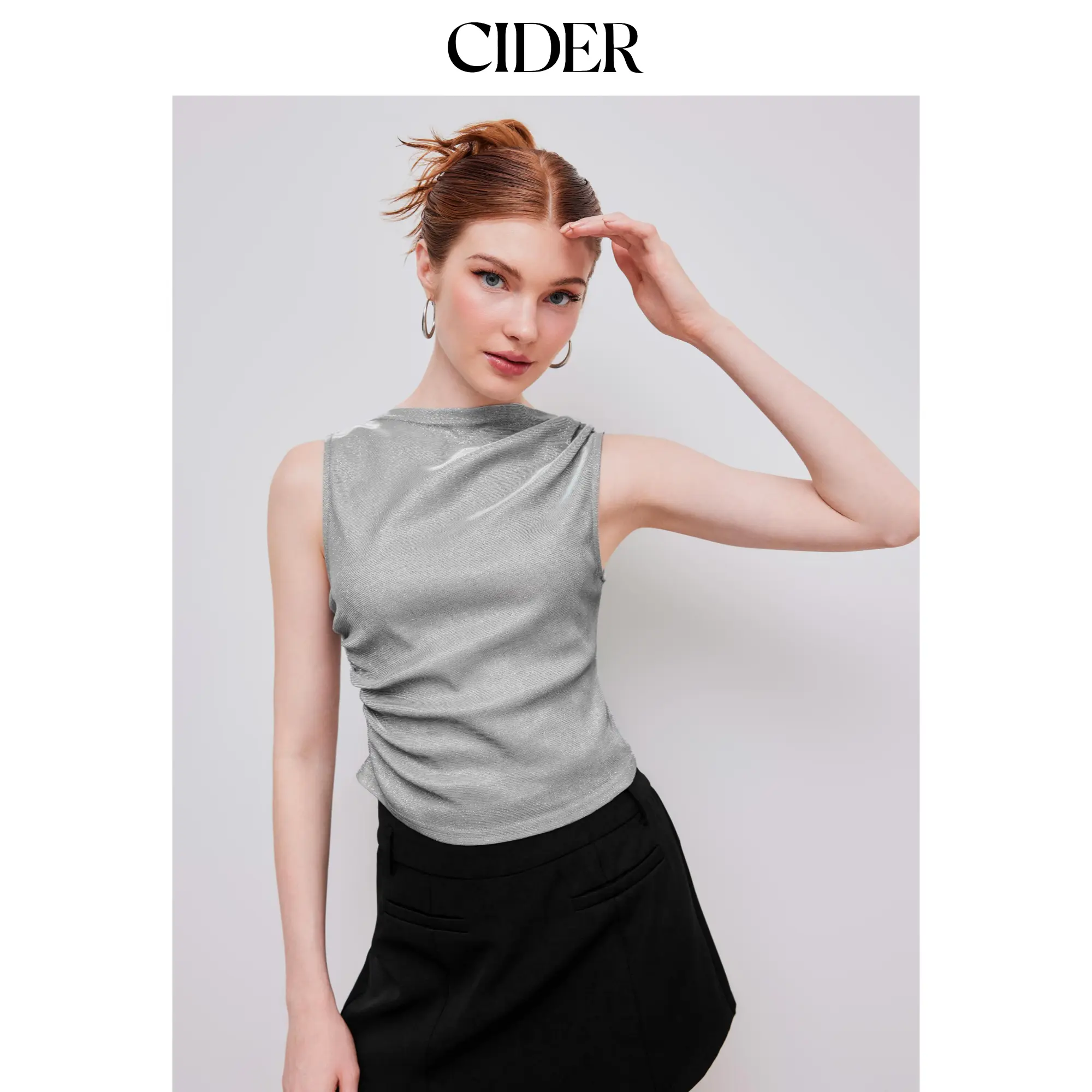 Cider Women's Glamorous Tank Top, Glitter Asymmetrical Cami with Ruched Siding and a Round Neckline, Glamorous Women's Tanks & Camis