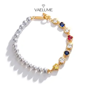 VAELUME Original 18K Gold Plated Freshwater Pearl & Rainbow Zircon Bracelet, Half Pearl Half Colorful Gem Chain, 5A VVS Candy Heart Stone, Perfect for Daily Wear, Anniversaries,Birthday Gift for Women and Girls #B18871