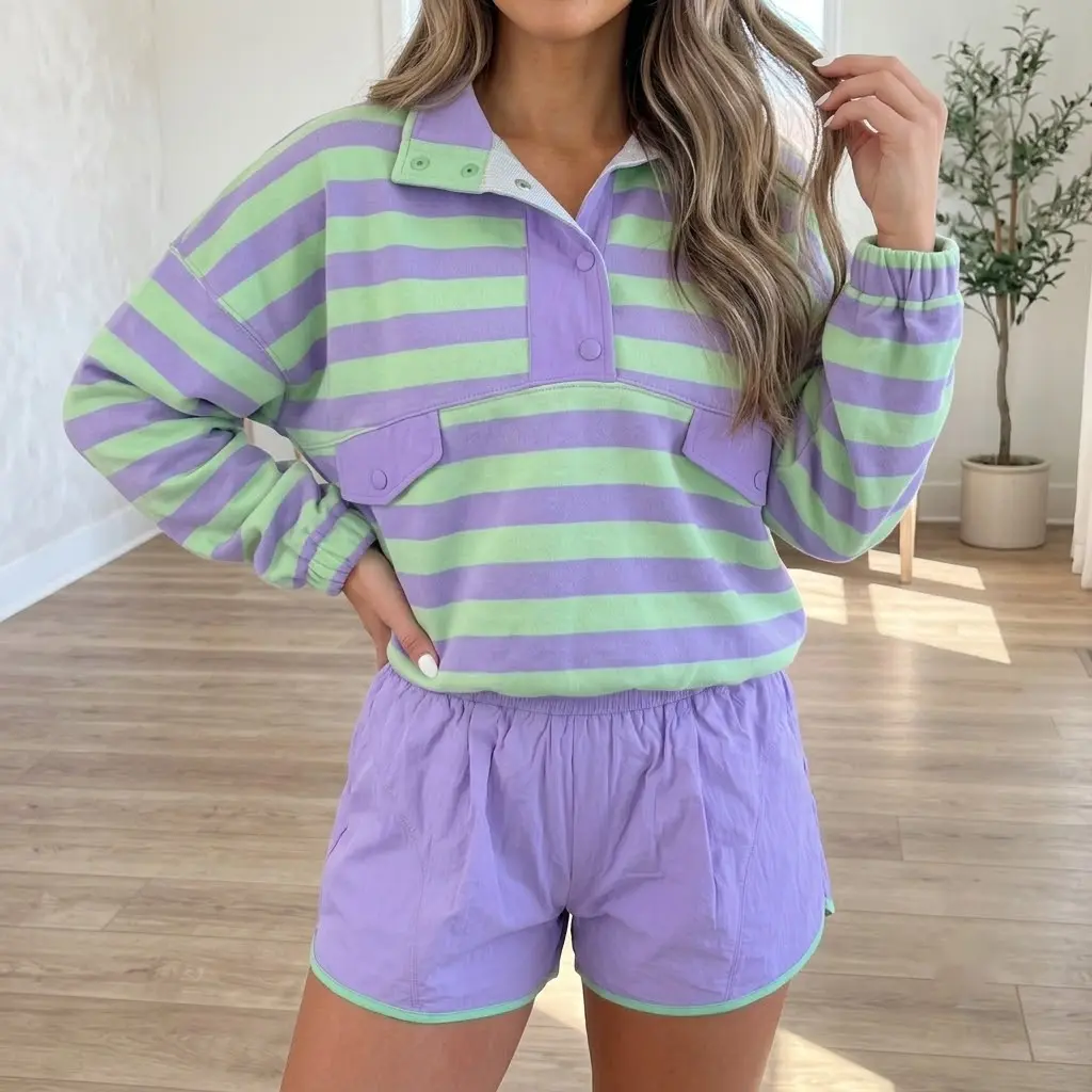 PHEFEE Women's 2-Piece Chic Matching Sporty Set - Striped Long Sleeve Polo Sweatshirt, High Waist Elastic Customized Athletic Lounge Tracksuit, Cotton, Sweater