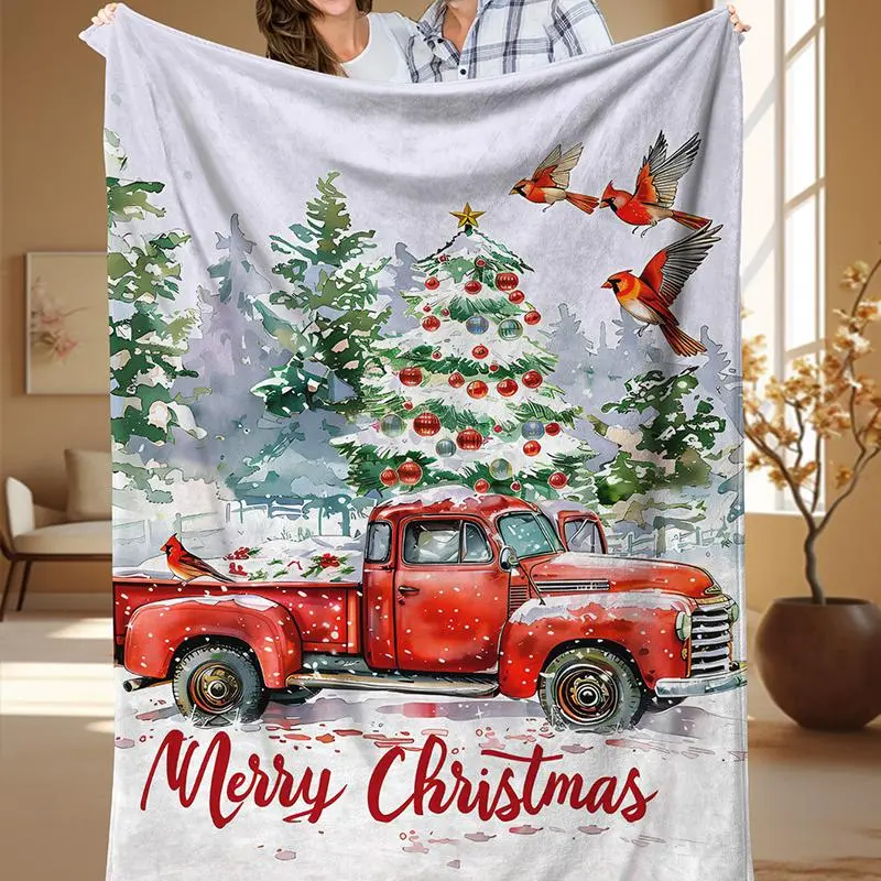 Christmas Themed Truck Pattern Blanket, Soft Comfortable Throw Blanket, Warm Napping Blanket for Home Office Outdoor Camping Travel