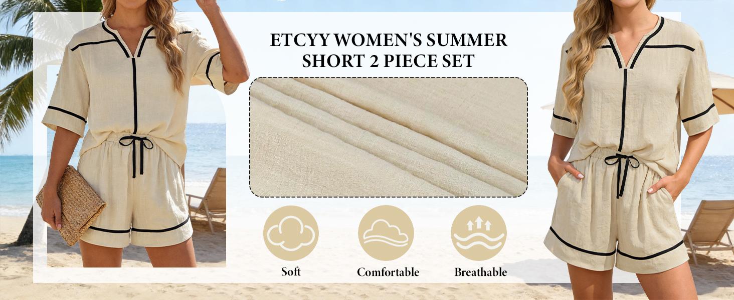 ETCYY Womens 2 piece sets Summer Lounge Set - Casual Linen Blend Short Sleeve V Neck Shirt & High Waisted Shorts Outfit - Breathable Soft Vacation Beachwear Tracksuit,matching sets for women, ETCYY Womens 2 piece sets Summer Lounge Set - Casual Linen Blend Short Sleeve V Neck Shirt & High Waisted Shorts Outfit - Breathable Soft Vacation Beachwear Tracksuit,matching sets for women,