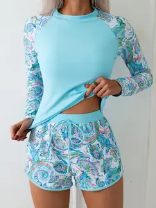 Light Blue Paisley Print Raglan Sleeve Rash Guard Set, UPF 50+ Long Sleeve Drawstring Waist 2 Piece Swimsuit outdoorfun