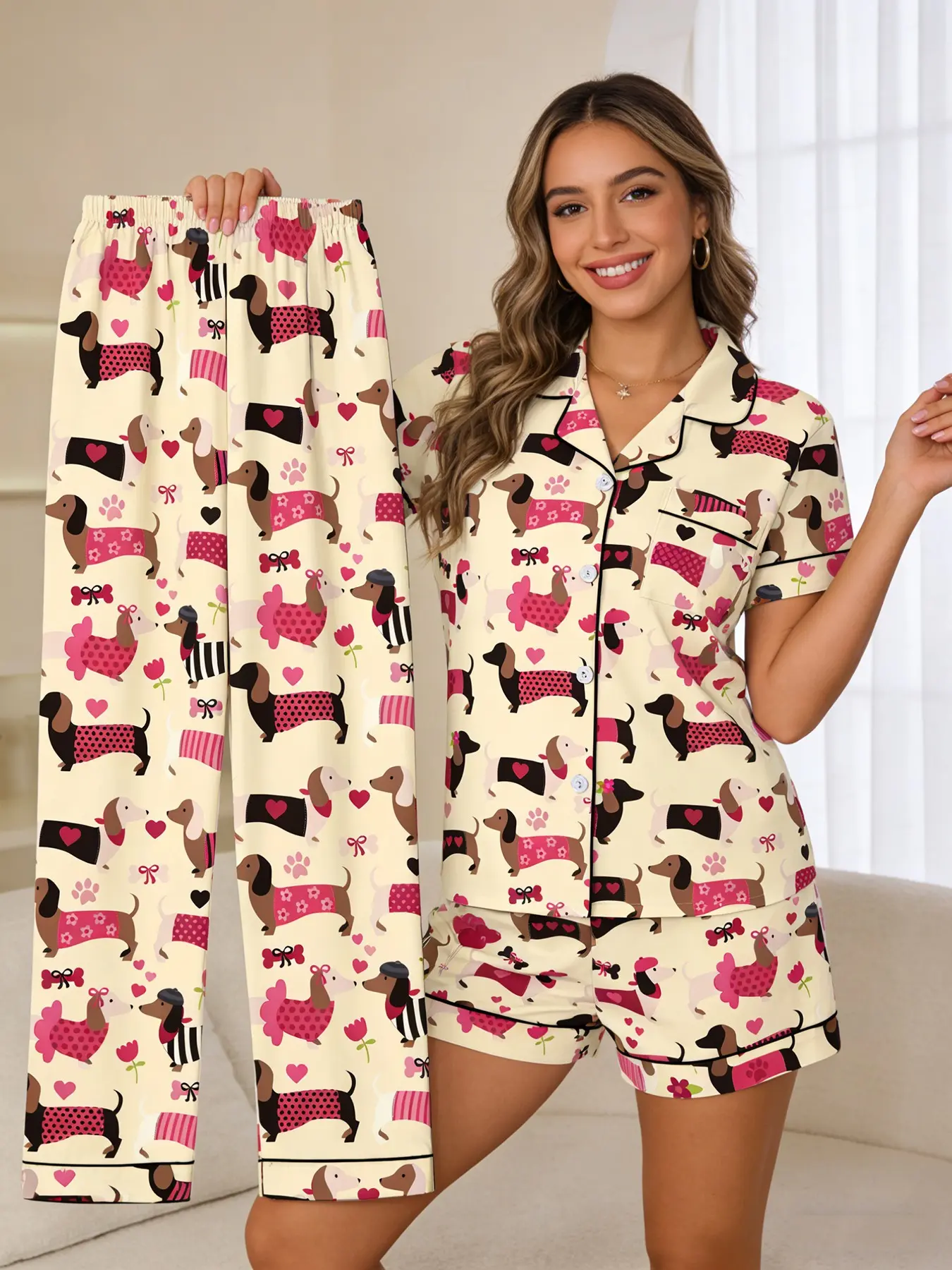 Soft Healing Style 3 Piece Cream Dachshund Heart Pajama Set for Women, Short Sleeve, Shorts & Long Pants, All Year Round Wearable, Cute Dog Print, Breathable Cozy Homewear, Comfy Pyjama Set