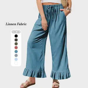 TARSE Women’s Linen Blend Casual Pants Flared Leg Wide Leg Drawstring Ruffle Harem Palazzo Pants with Pockets