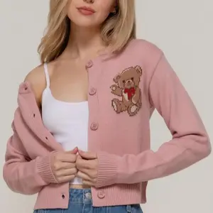 Pink Teddy Bear Embroidered Cardigan - Soft Knit Button Front Sweater for Women